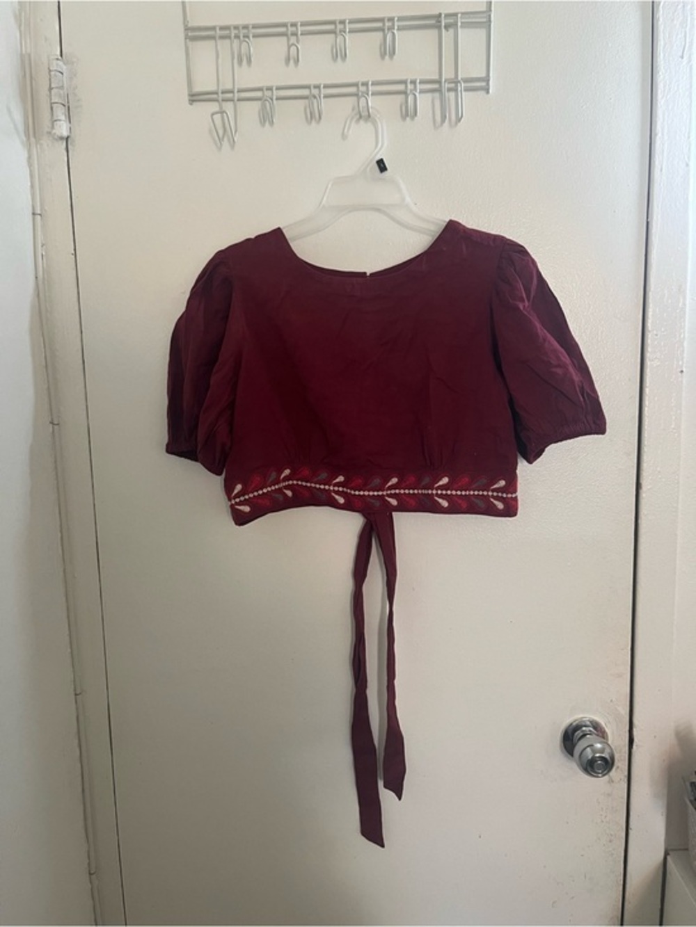 Bombay Burgundy Embroidered Tie-Back Crop Top